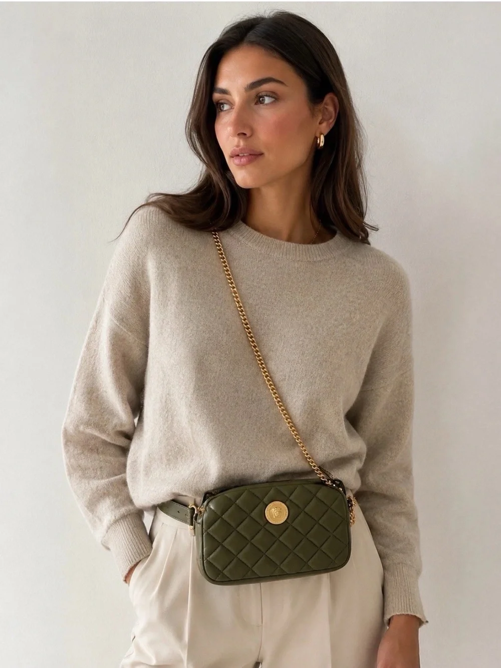 Versace Quilted Olive Green Leather Crossbody with Gold Medallion